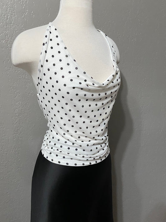 White Polka Dot Halter Tie Mesh Top