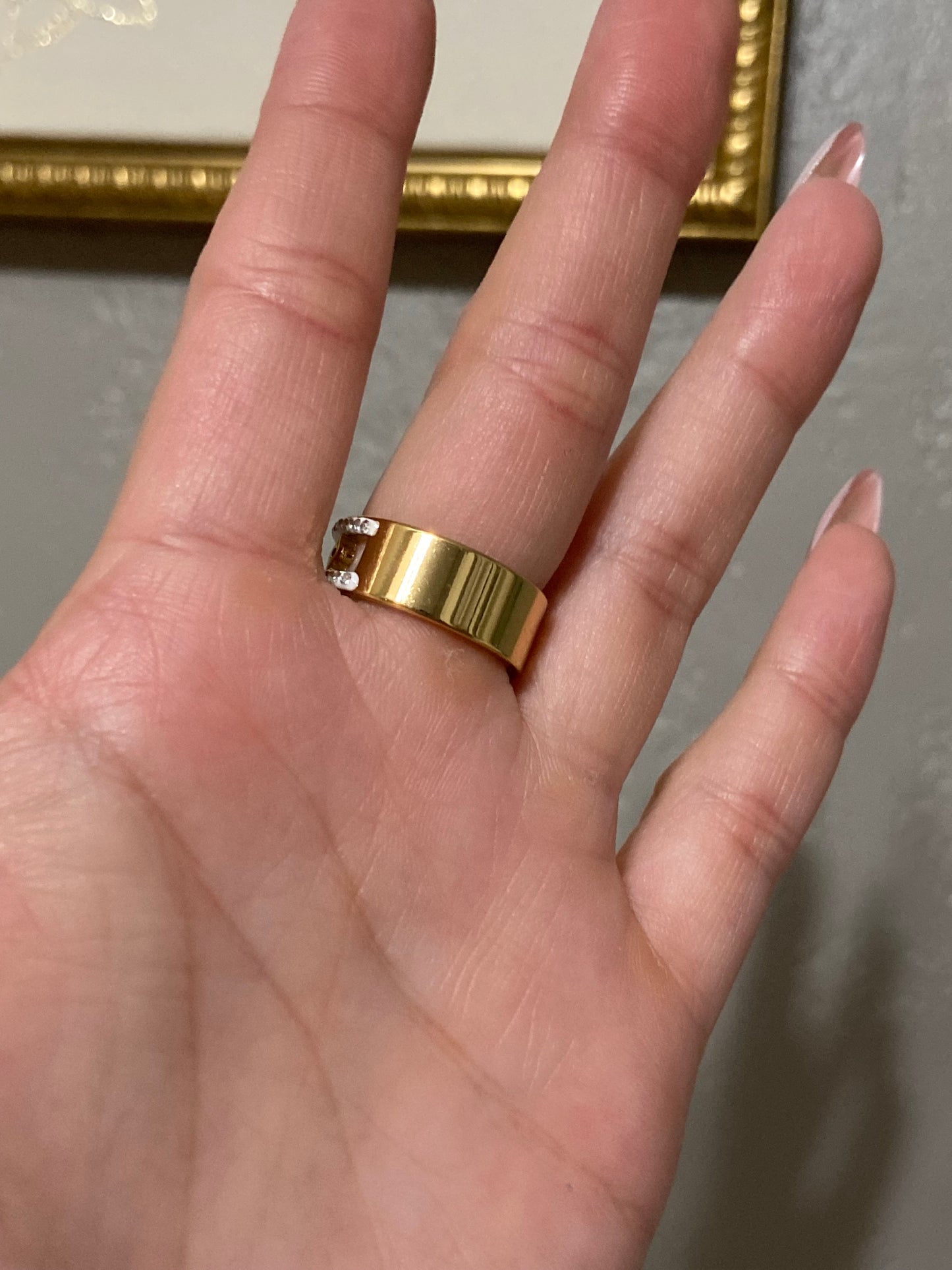 LV CZ Square Stainless Steel Gold Ring