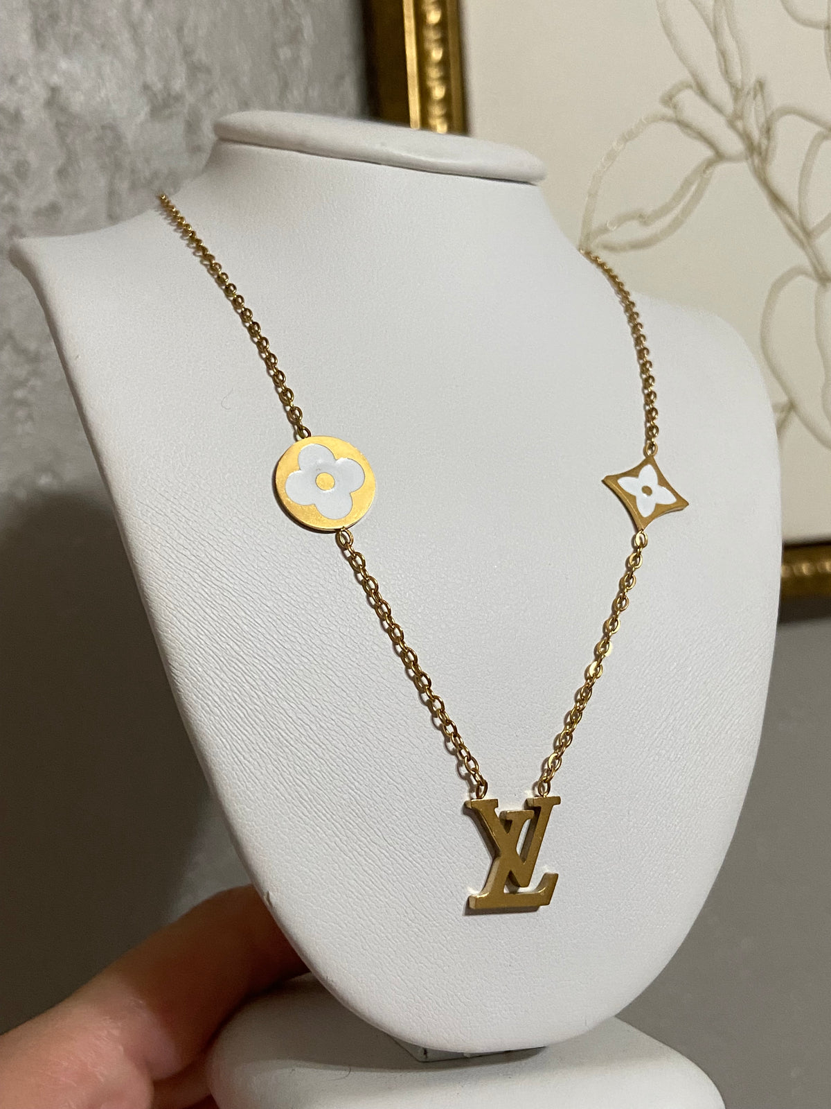 LV White Flowers Stainless Steel Gold Necklace