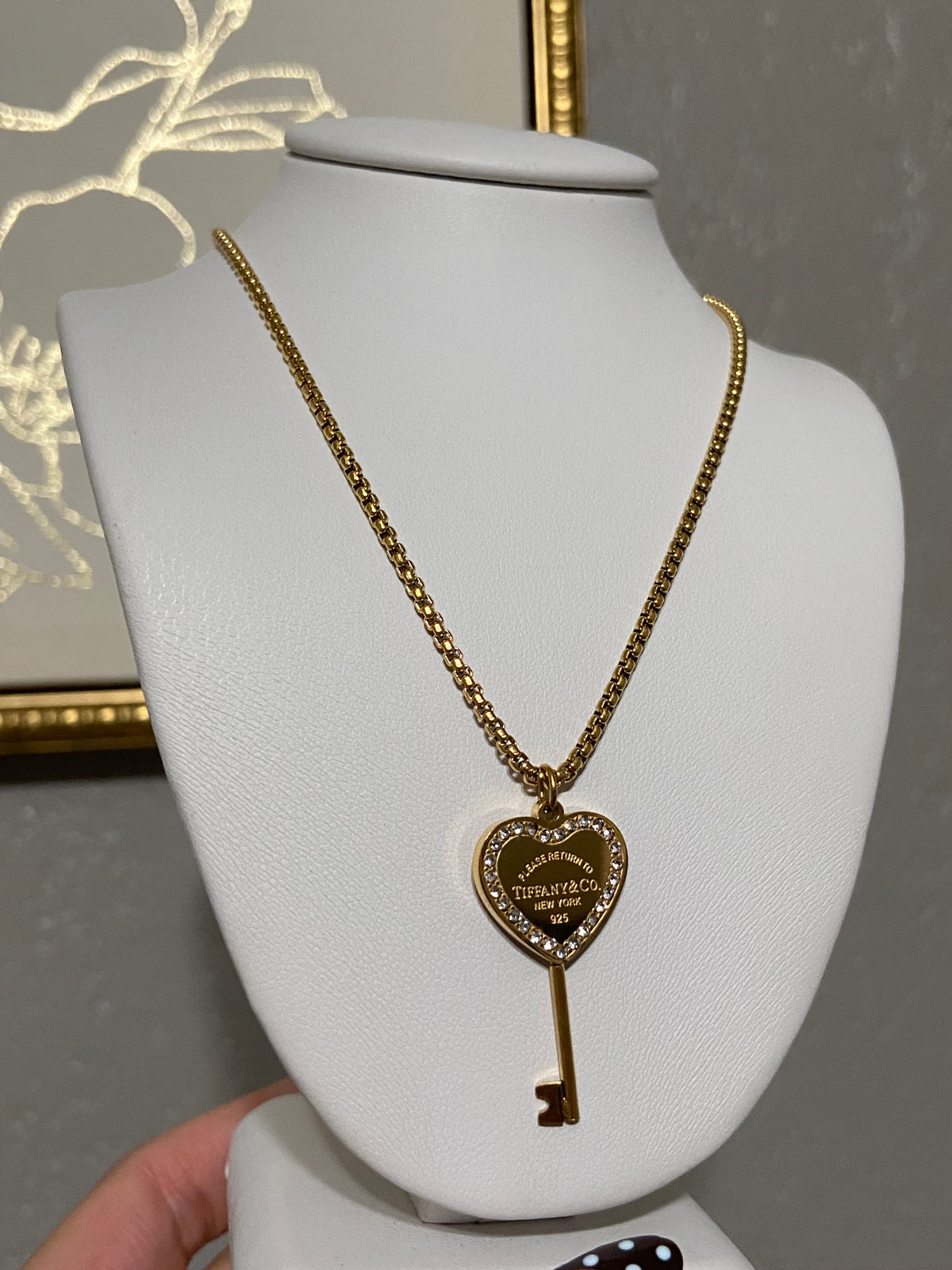 Tiff & Co Stainless Steel Gold CZ Key Necklace