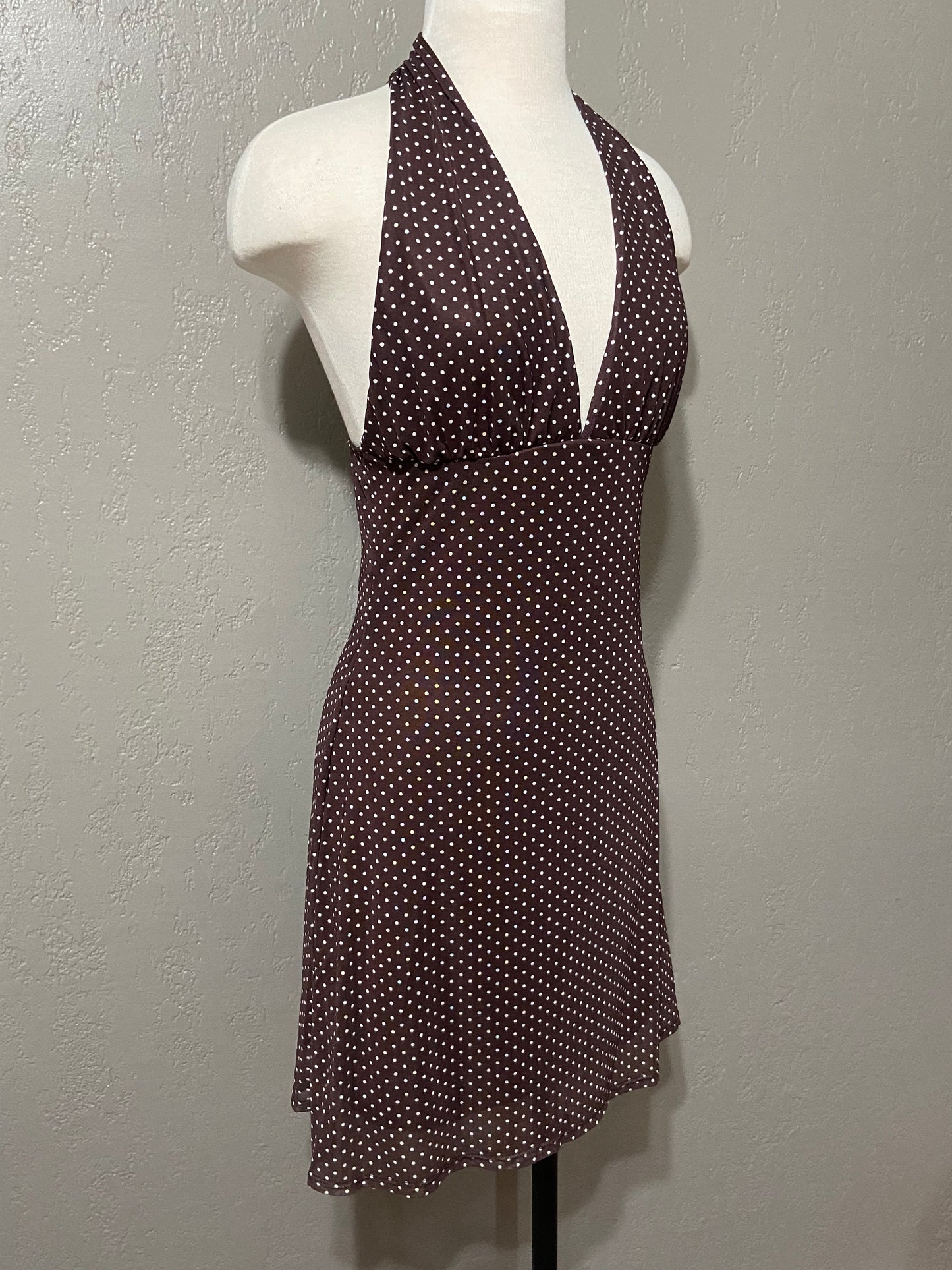 Brown Polka Dot Halter Ties Dress