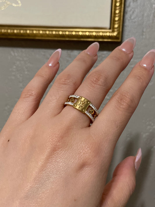 LV CZ Square Stainless Steel Gold Ring