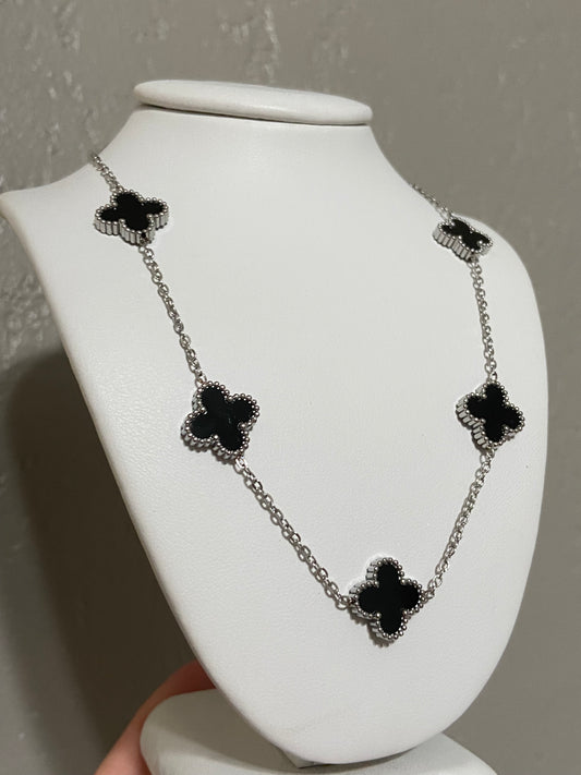 V C A Black Clovers Stainless Steel Silver Necklace