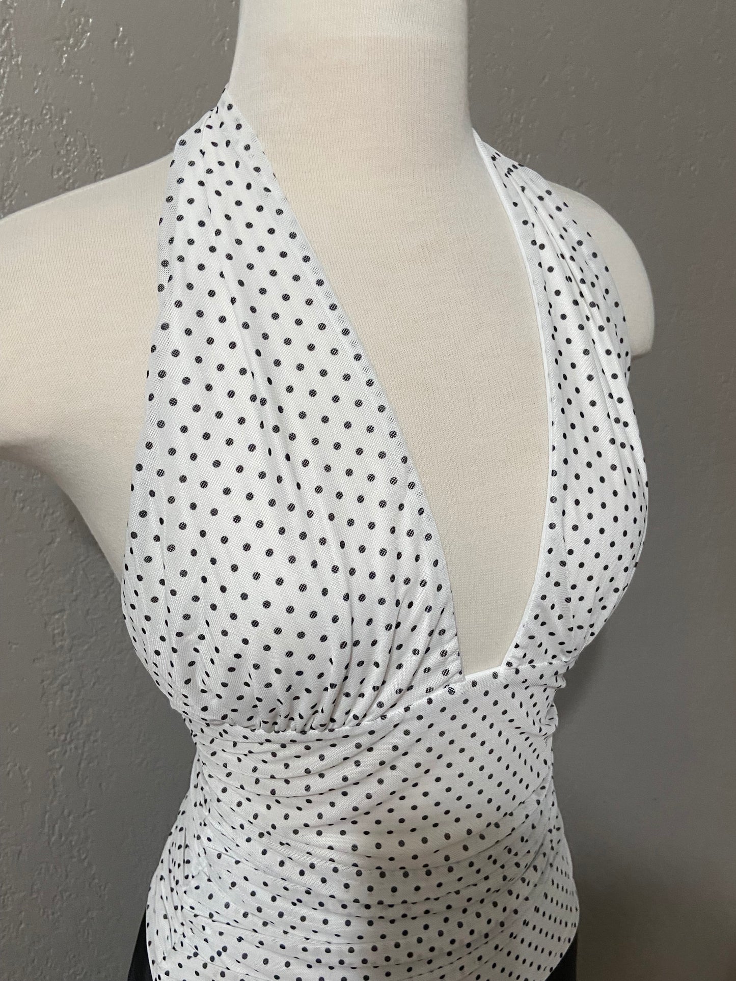 White Polka Dot Ruched Halter Top