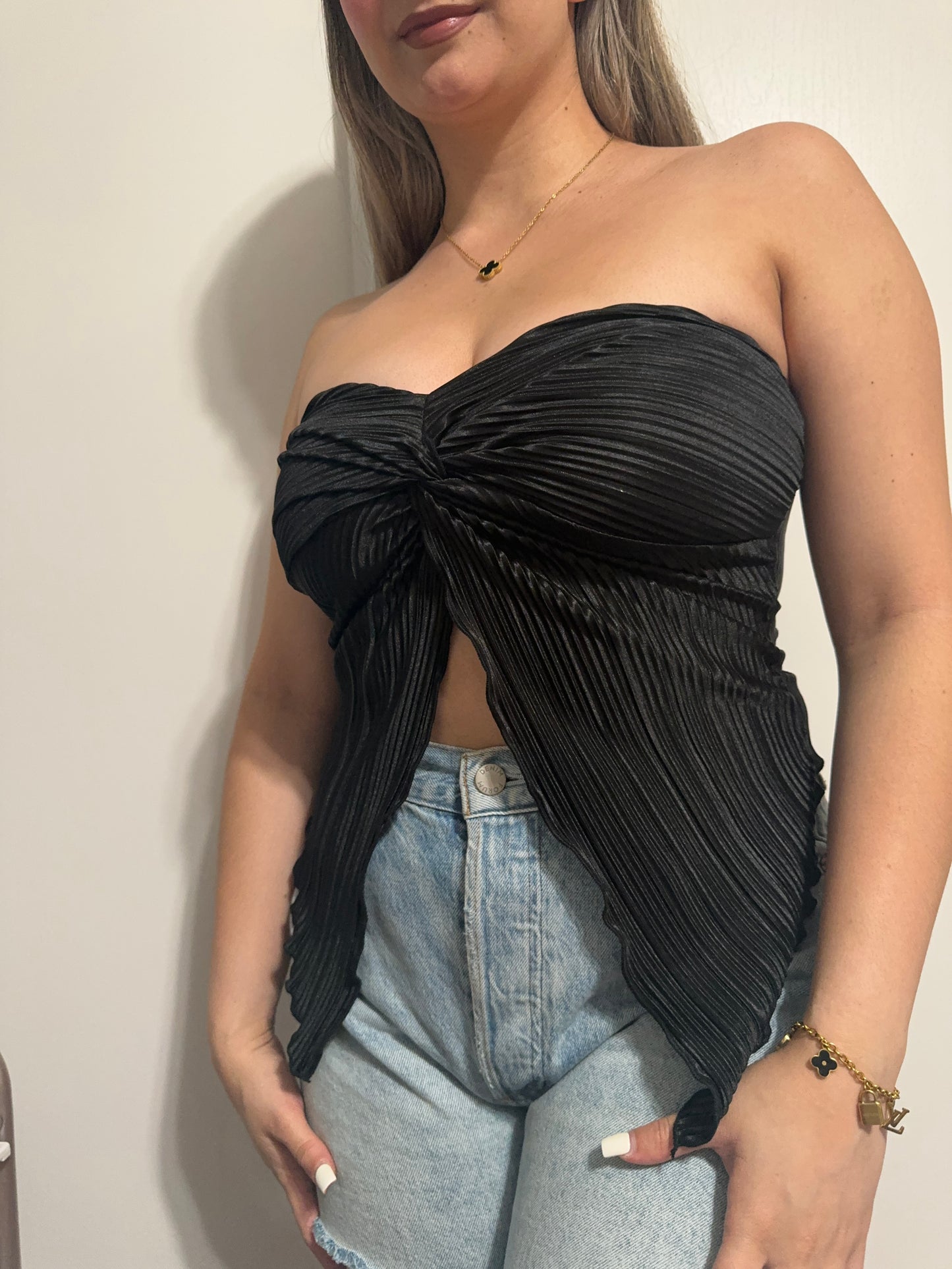 Black Ribbed Twist Front Tube Top