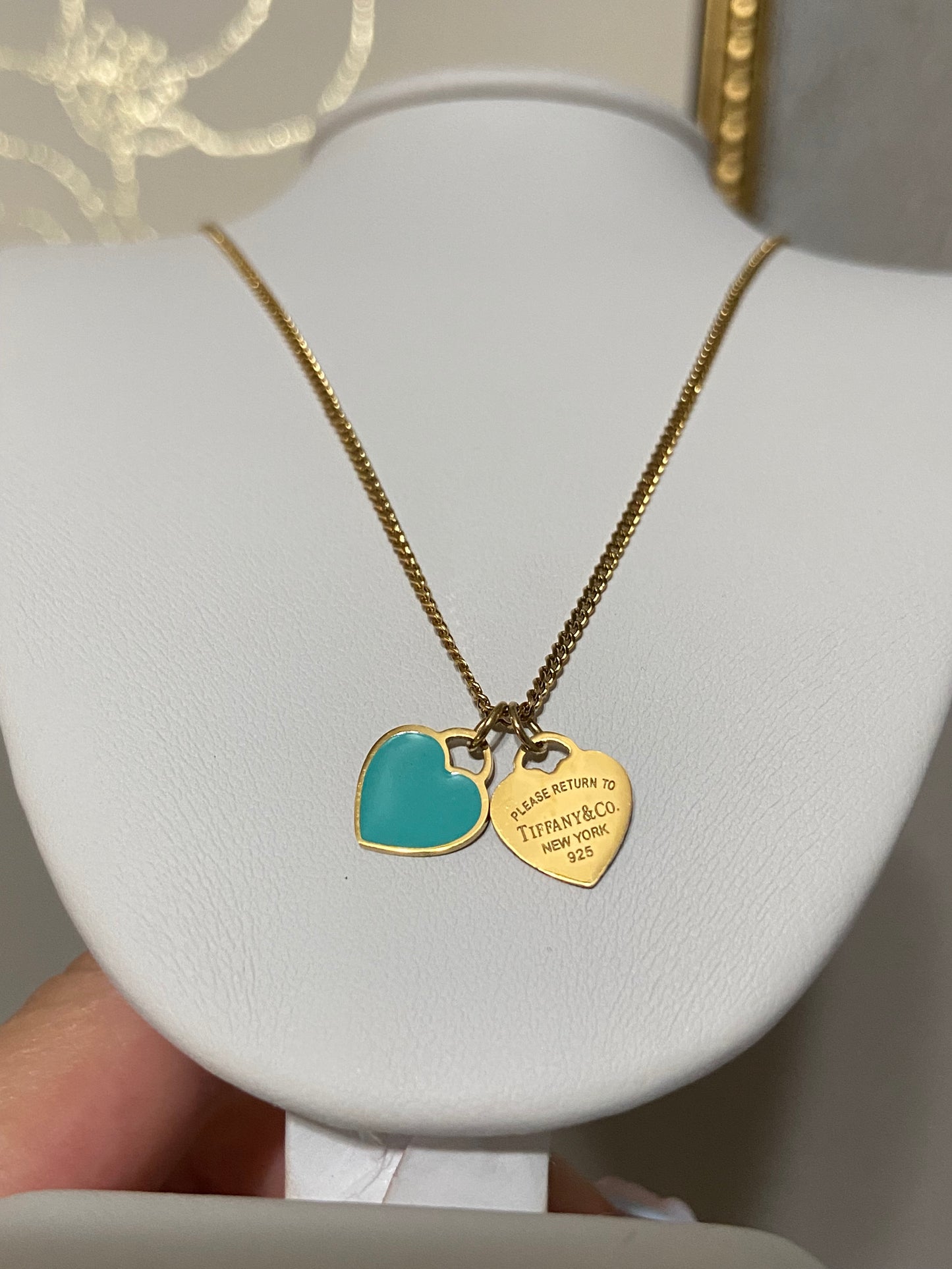 Tiff & Co Mini Blue Heart Stainless Steel Gold Necklace