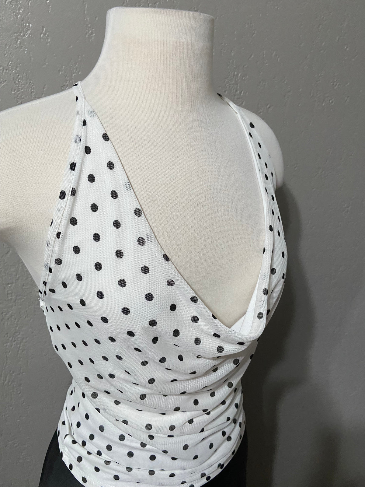 White Polka Dot Halter Tie Mesh Top