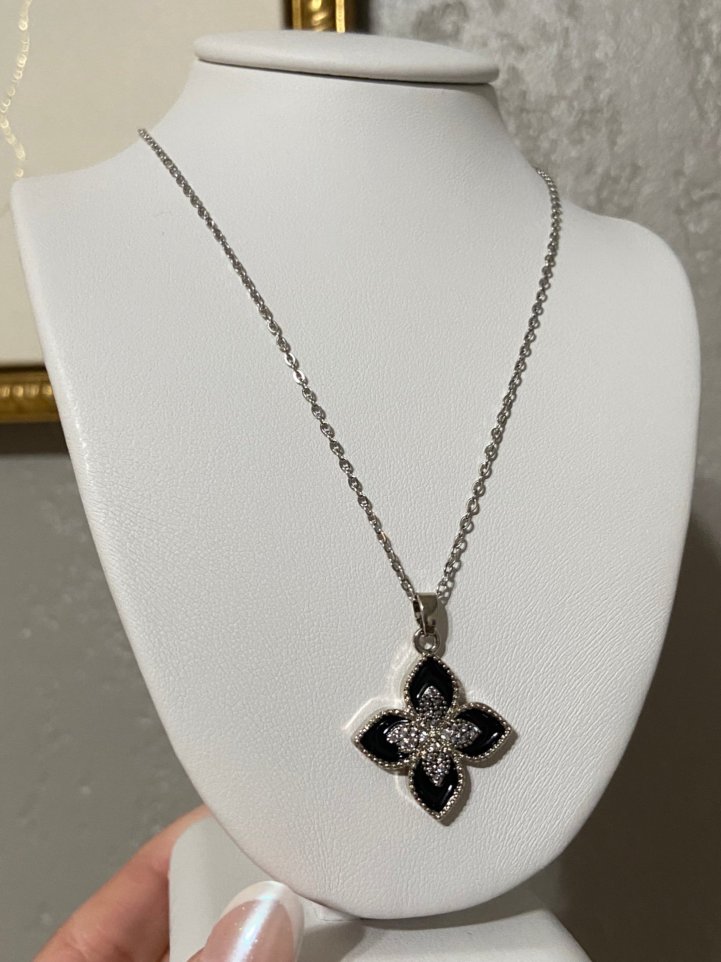 Black Flower CZ Stainless Steel Silver Necklace