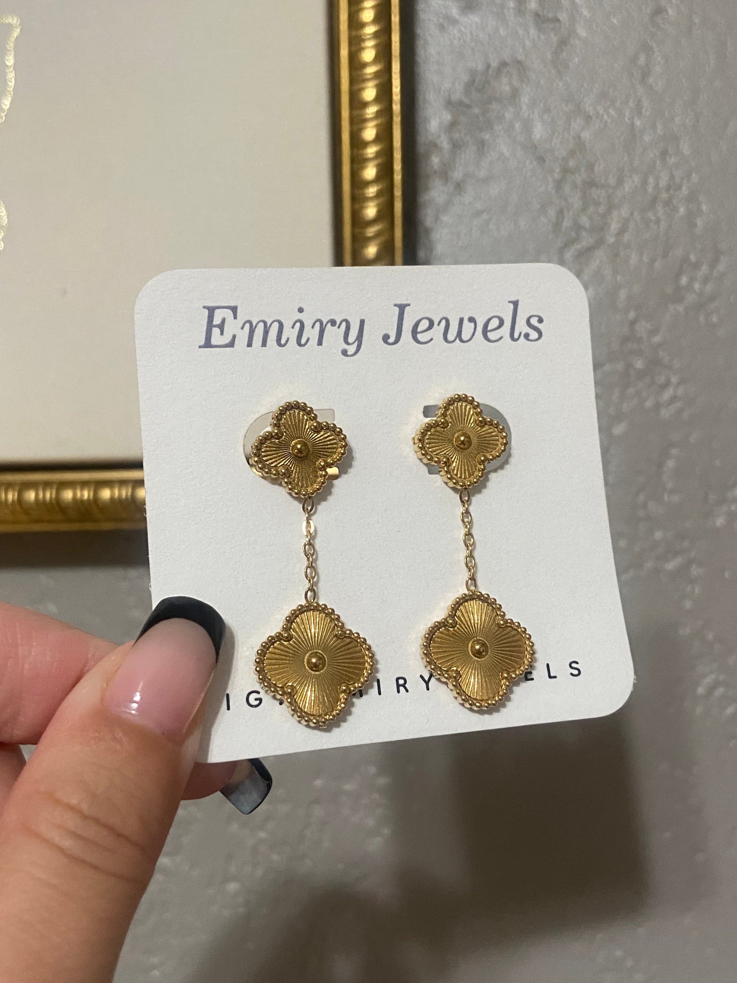 Double Clovers Stainless Steel Drop Gold Earrings