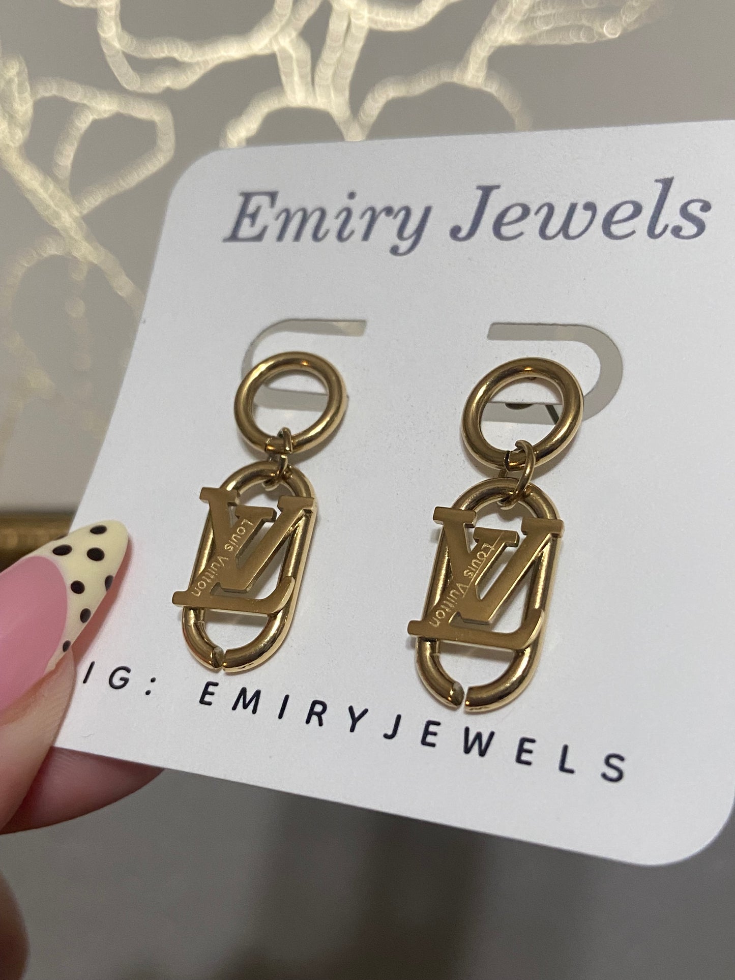 LV Stainless Steel Gold Oval Drop Earrings