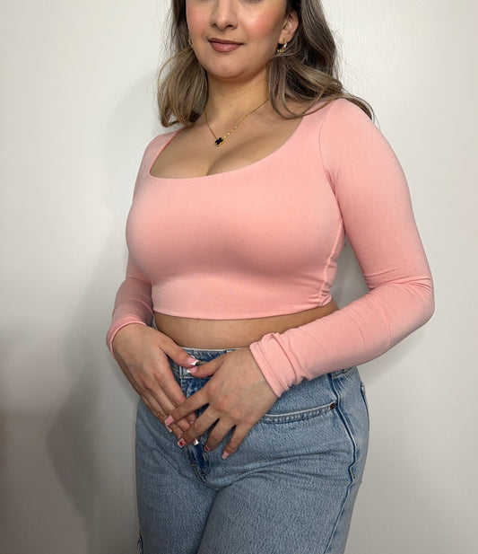 Pink Double Layered Long Sleeve Crop Top