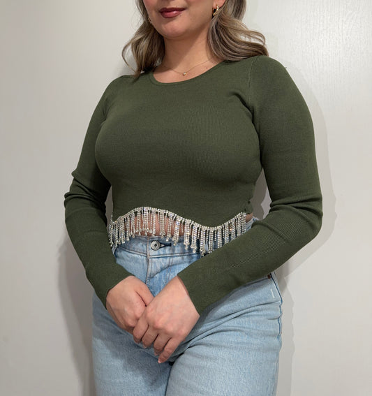 Get Festive Olive Green Ribbed Long Sleeve Rhinestone Top