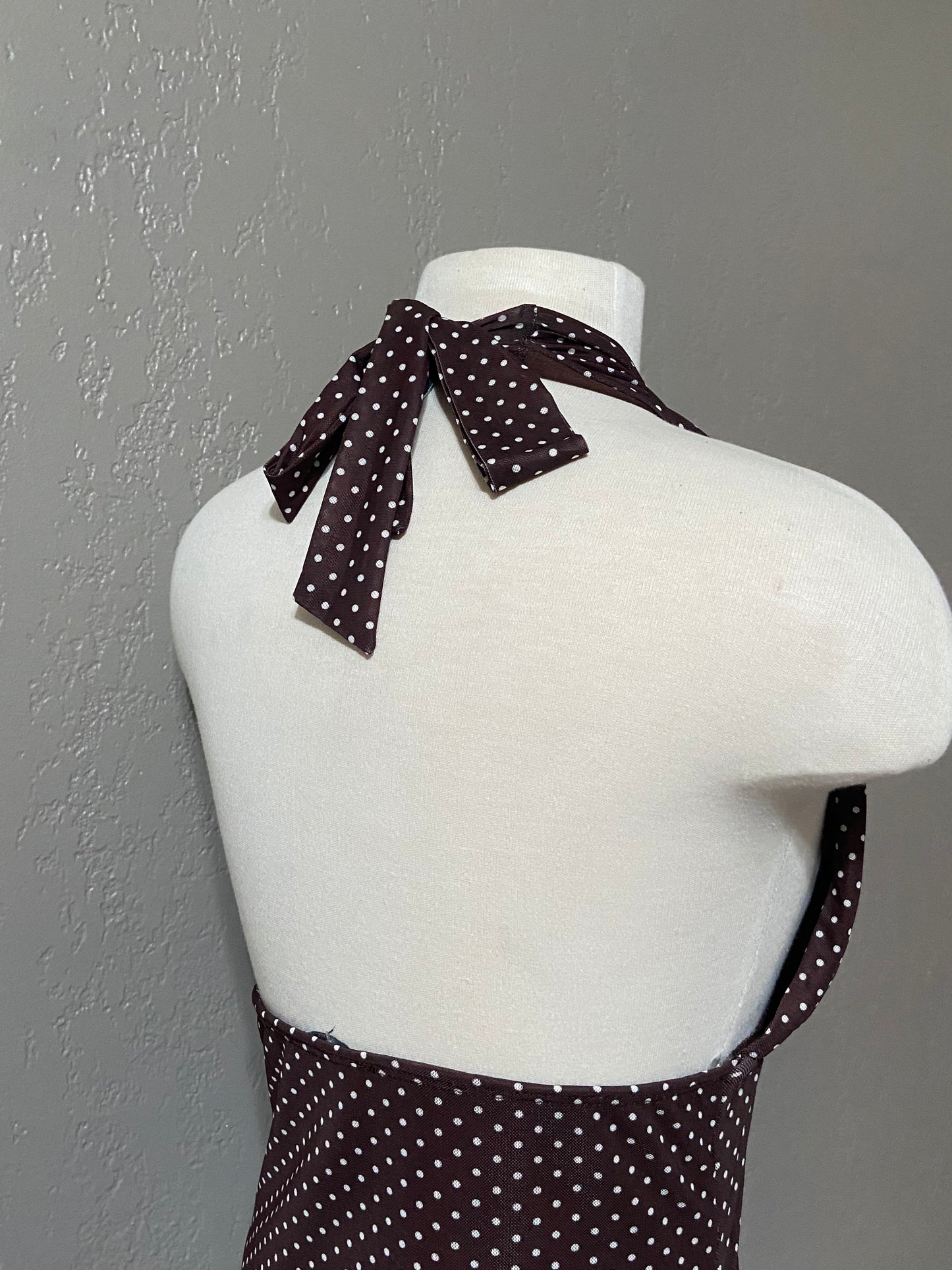 Brown Polka Dot Halter Ties Dress