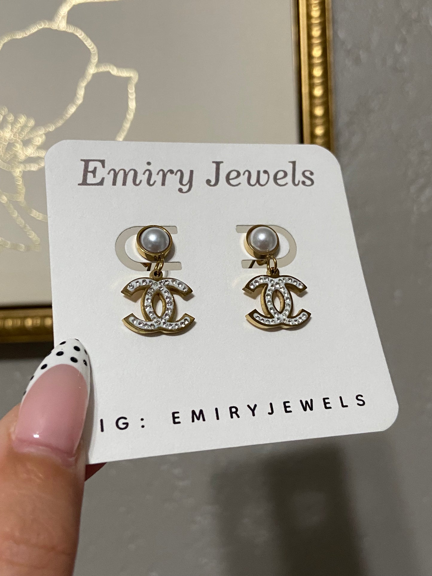 CC CZ Pearl Stainless Steel Gold Drop Earrings