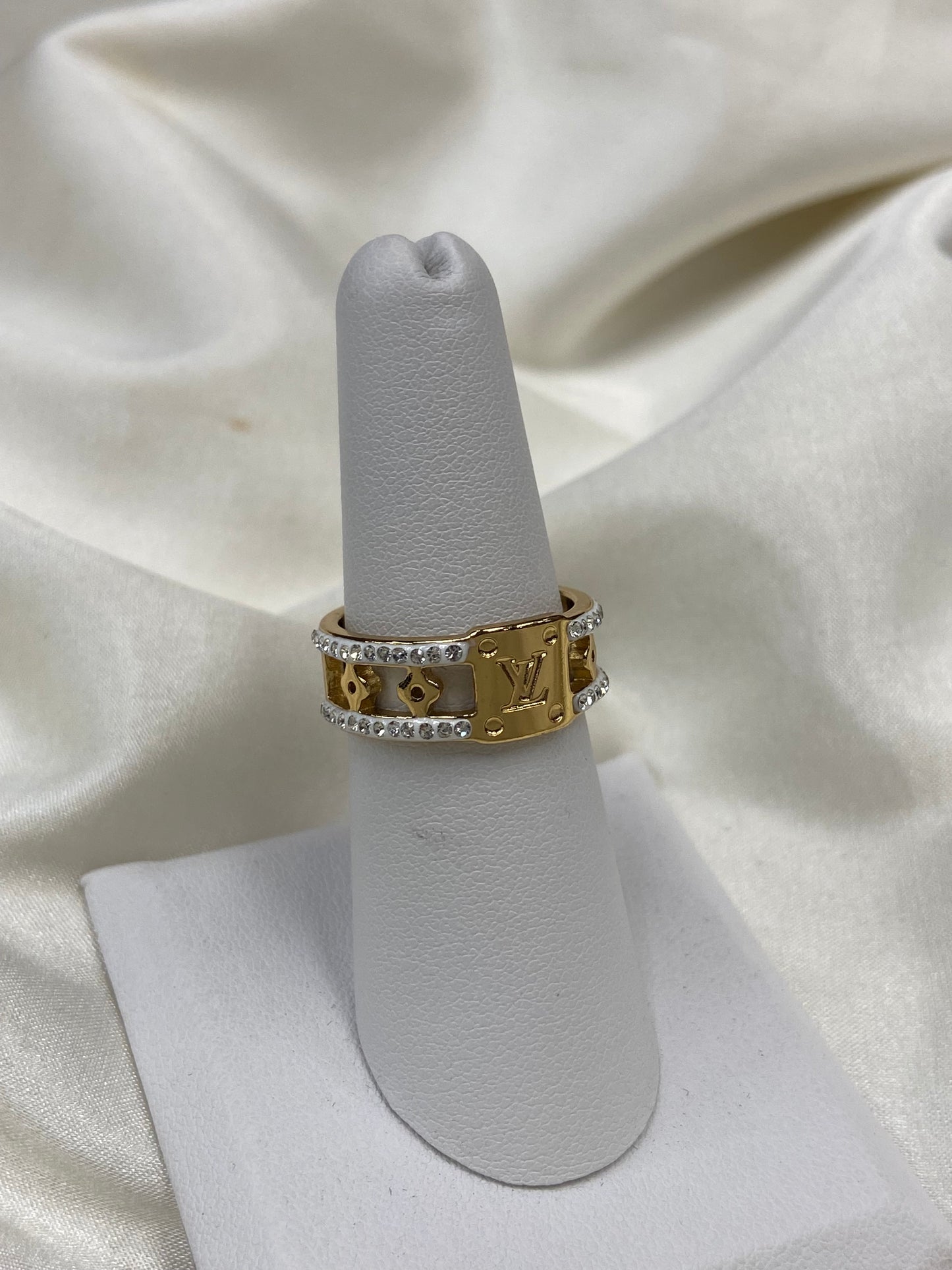 LV CZ Square Stainless Steel Gold Ring
