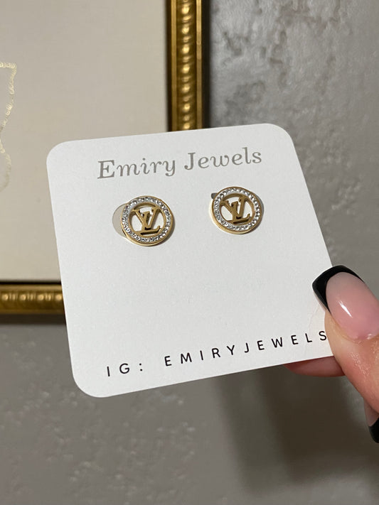 LV Circle CZ Stainless Steel Gold Earrings