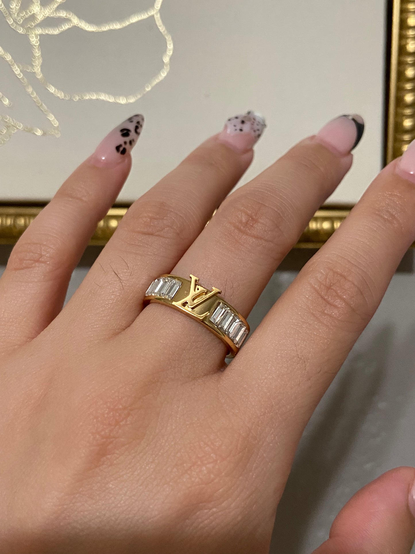 LV CZ Stainless Steel Gold Ring