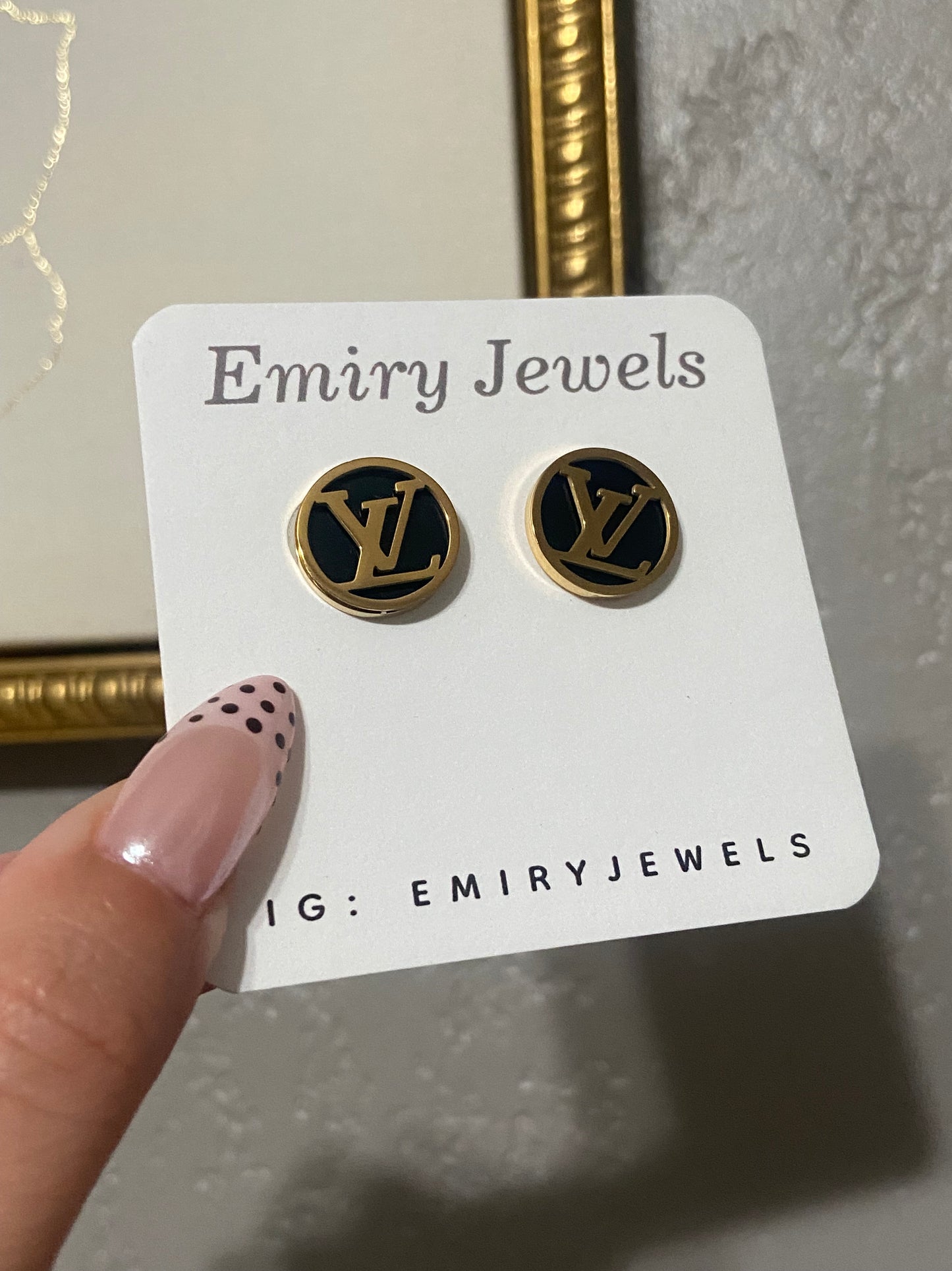 LV Black Circle Stainless Steel Gold Earrings