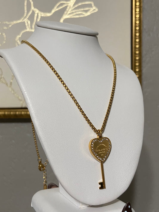 Tiff & Co Stainless Steel Gold CZ Key Necklace