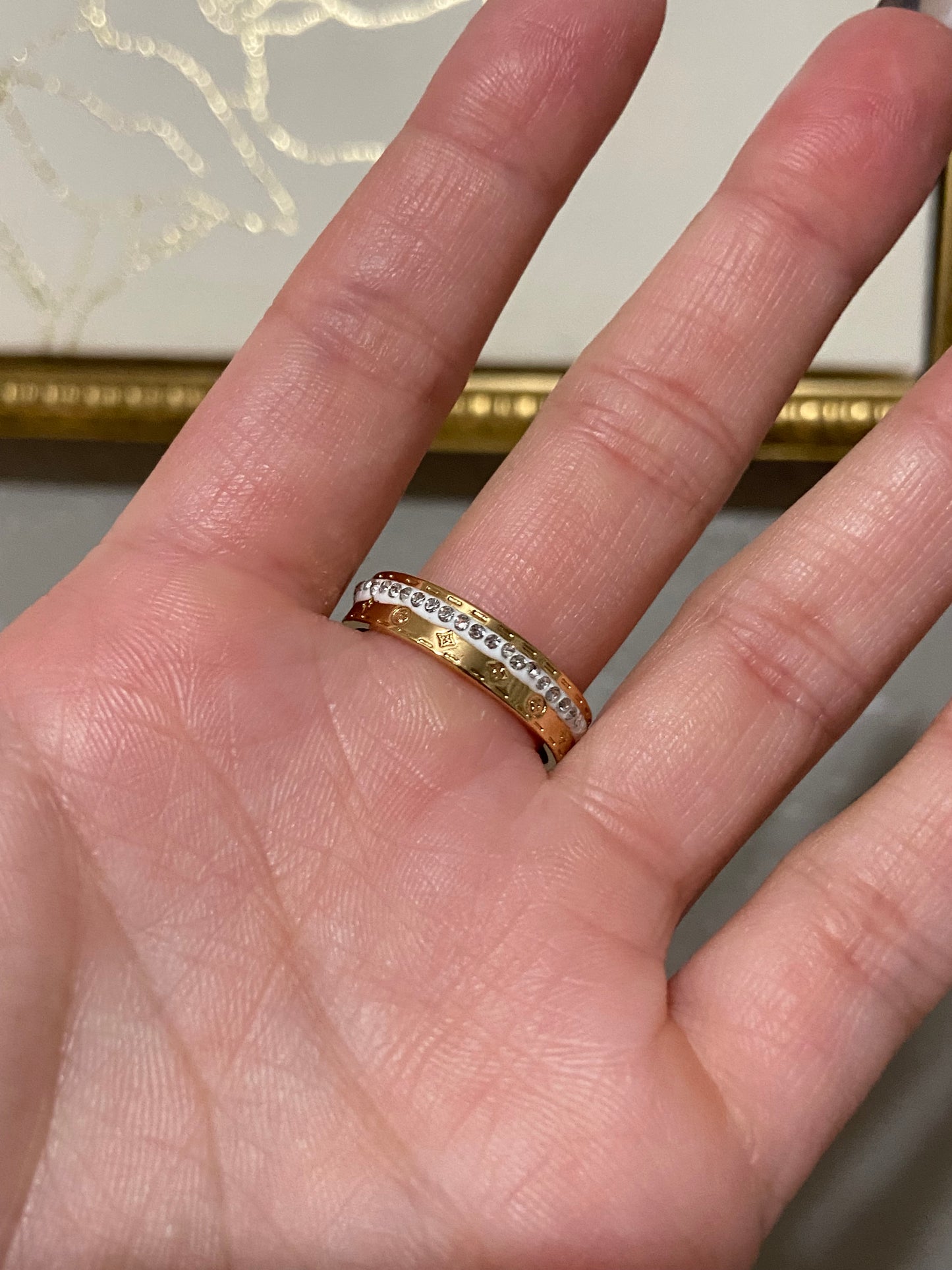 LV CZ Stainless Steel Gold Ring