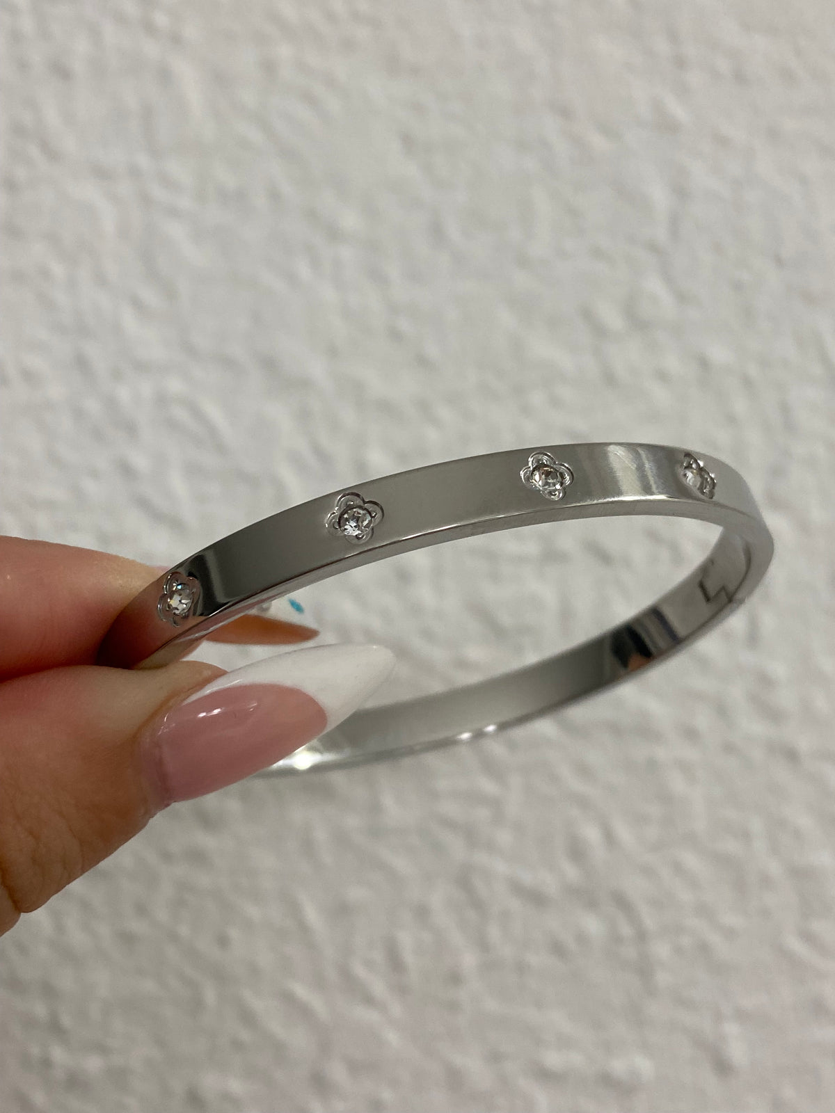 Multi CZ Clovers Stainless Steel Silver Bangle