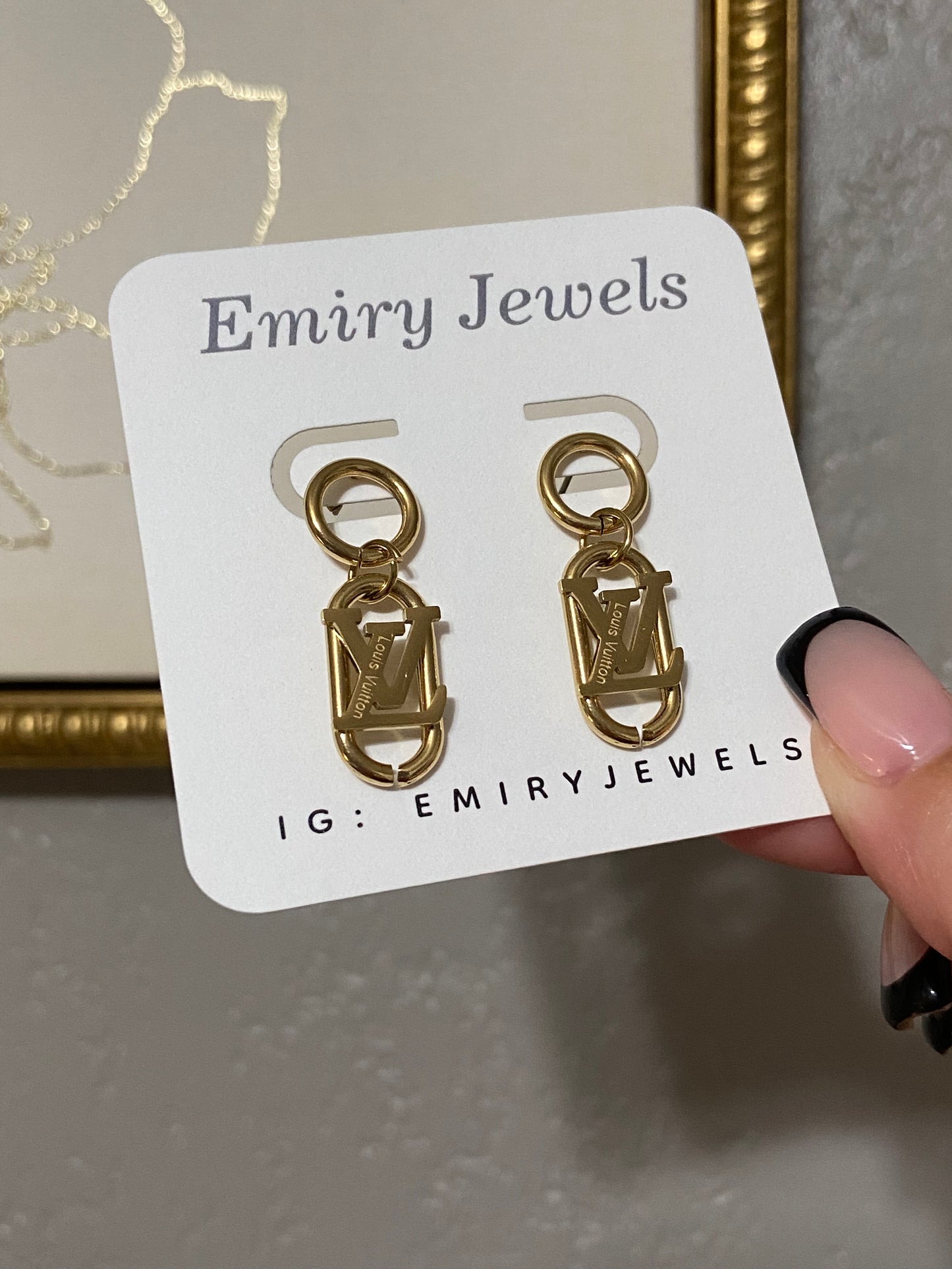 LV Stainless Steel Gold Oval Drop Earrings