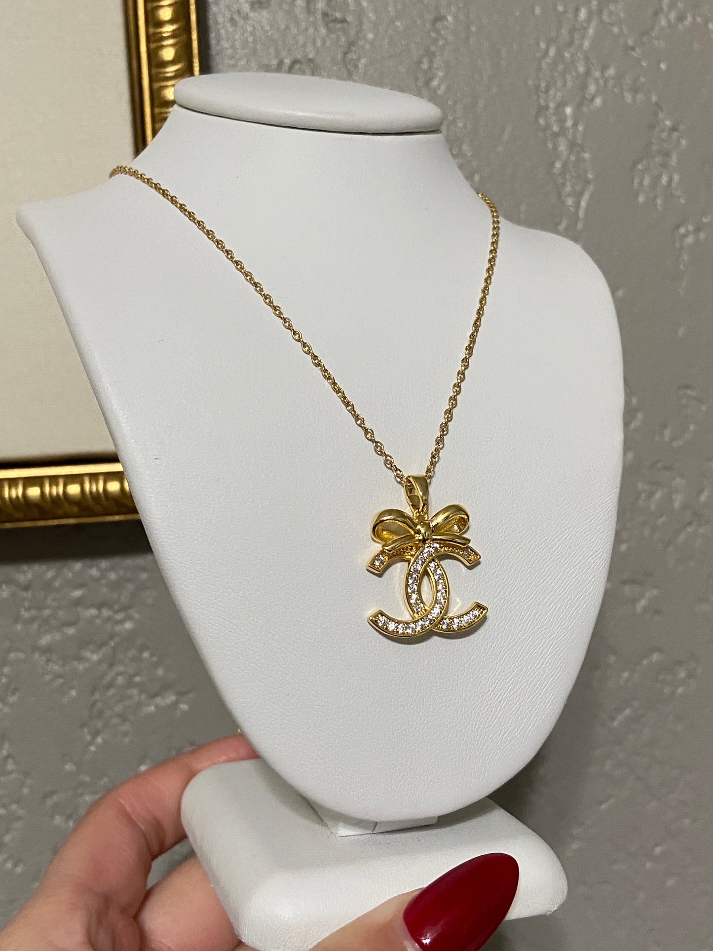 Gold CC Bow Stainless Steel CZ Gold Necklace