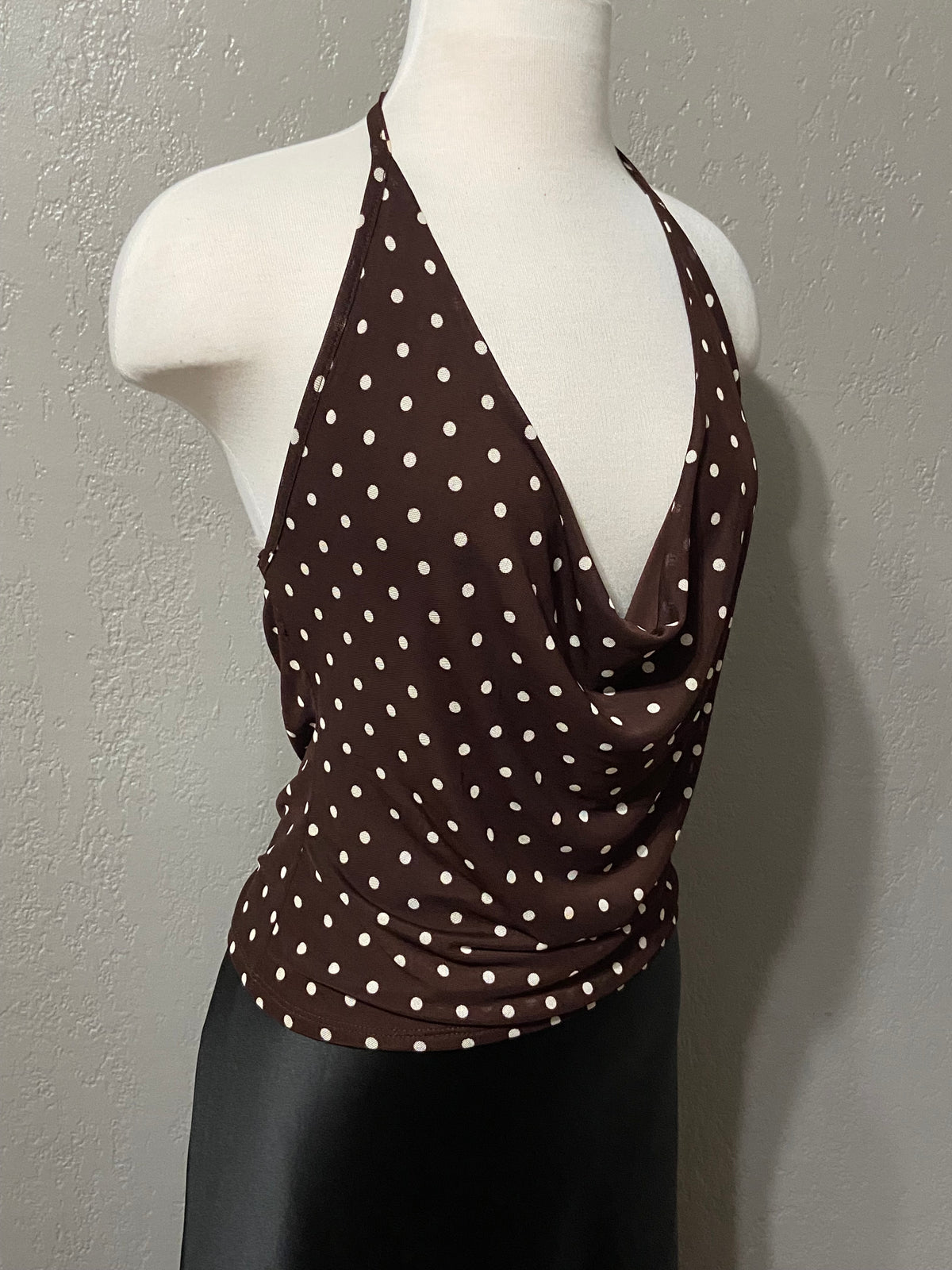 Brown Polka Dot Halter Tie Mesh Top