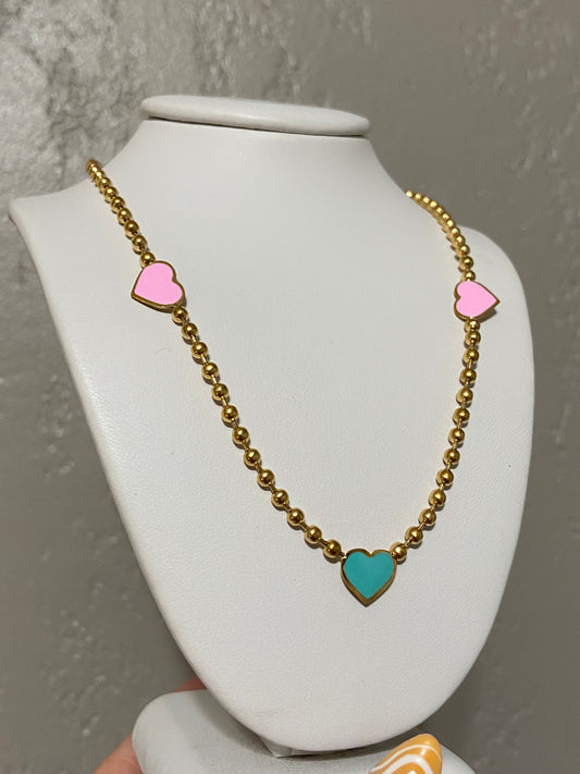 Beaded Hearts Stainless Steel Gold Necklace