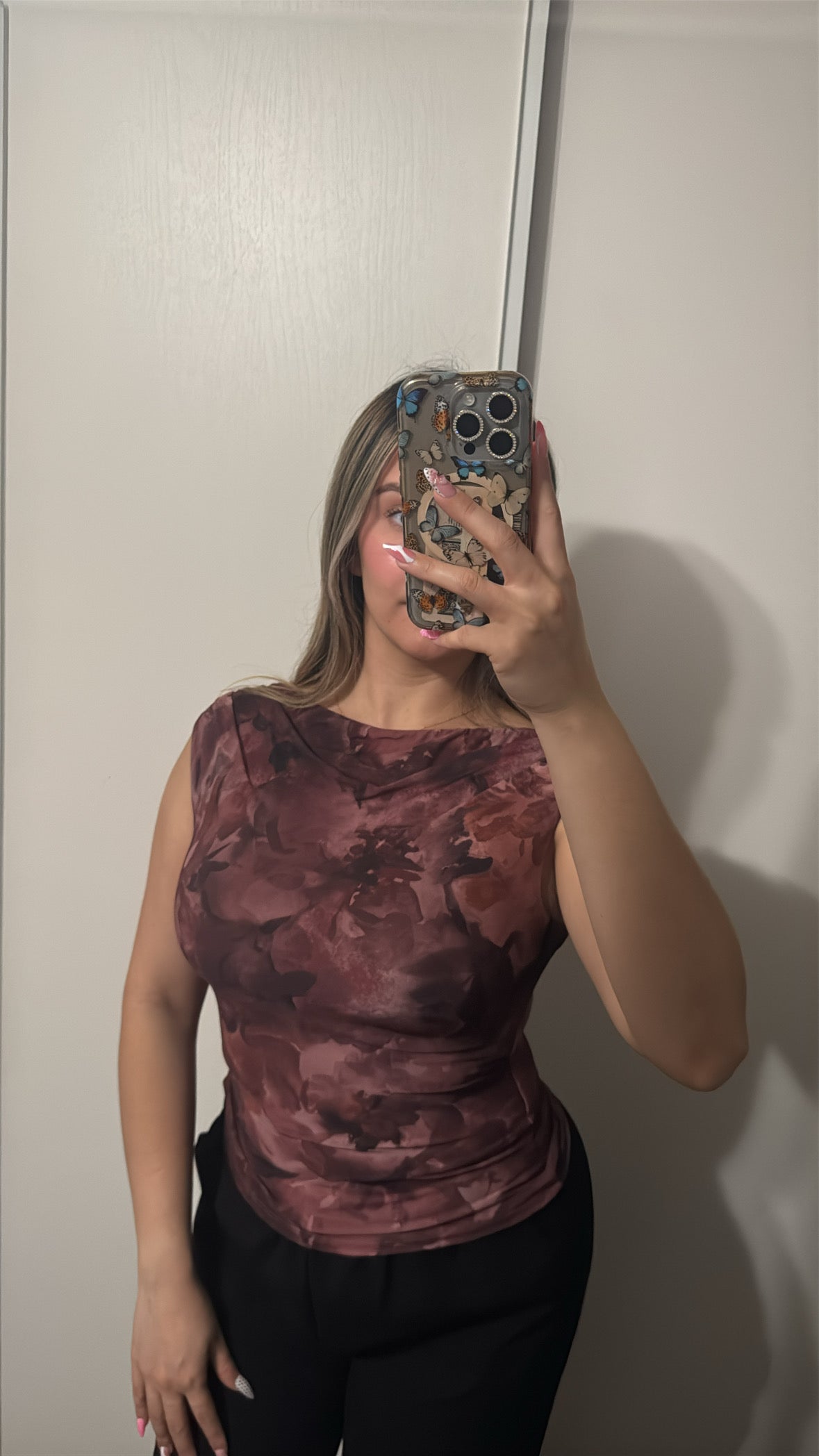 Burgundy Mesh Floral Top