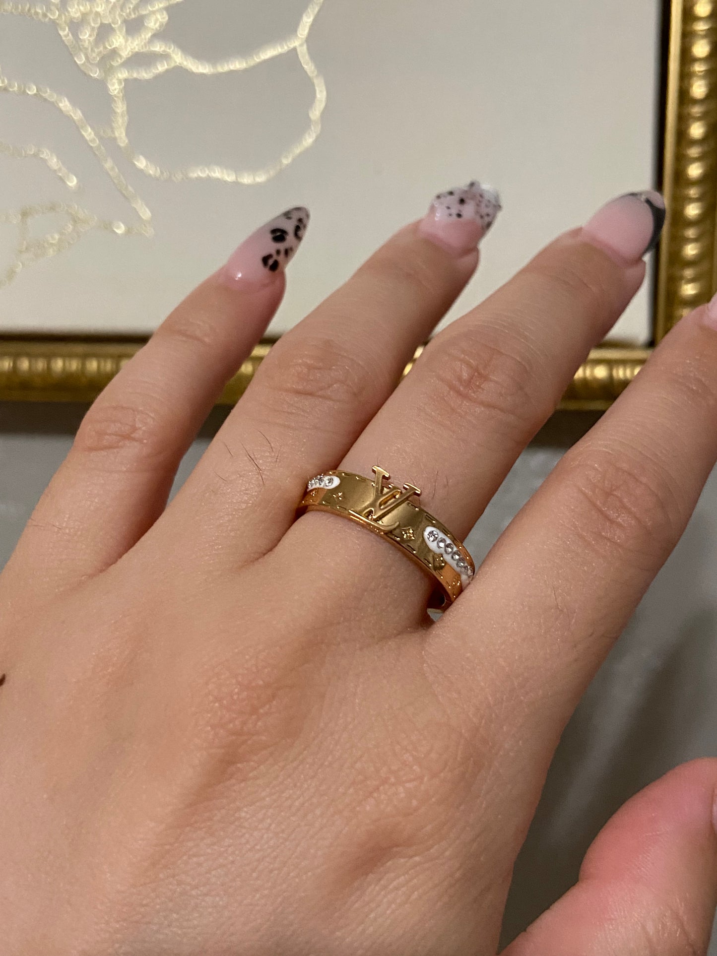 LV CZ Stainless Steel Gold Ring