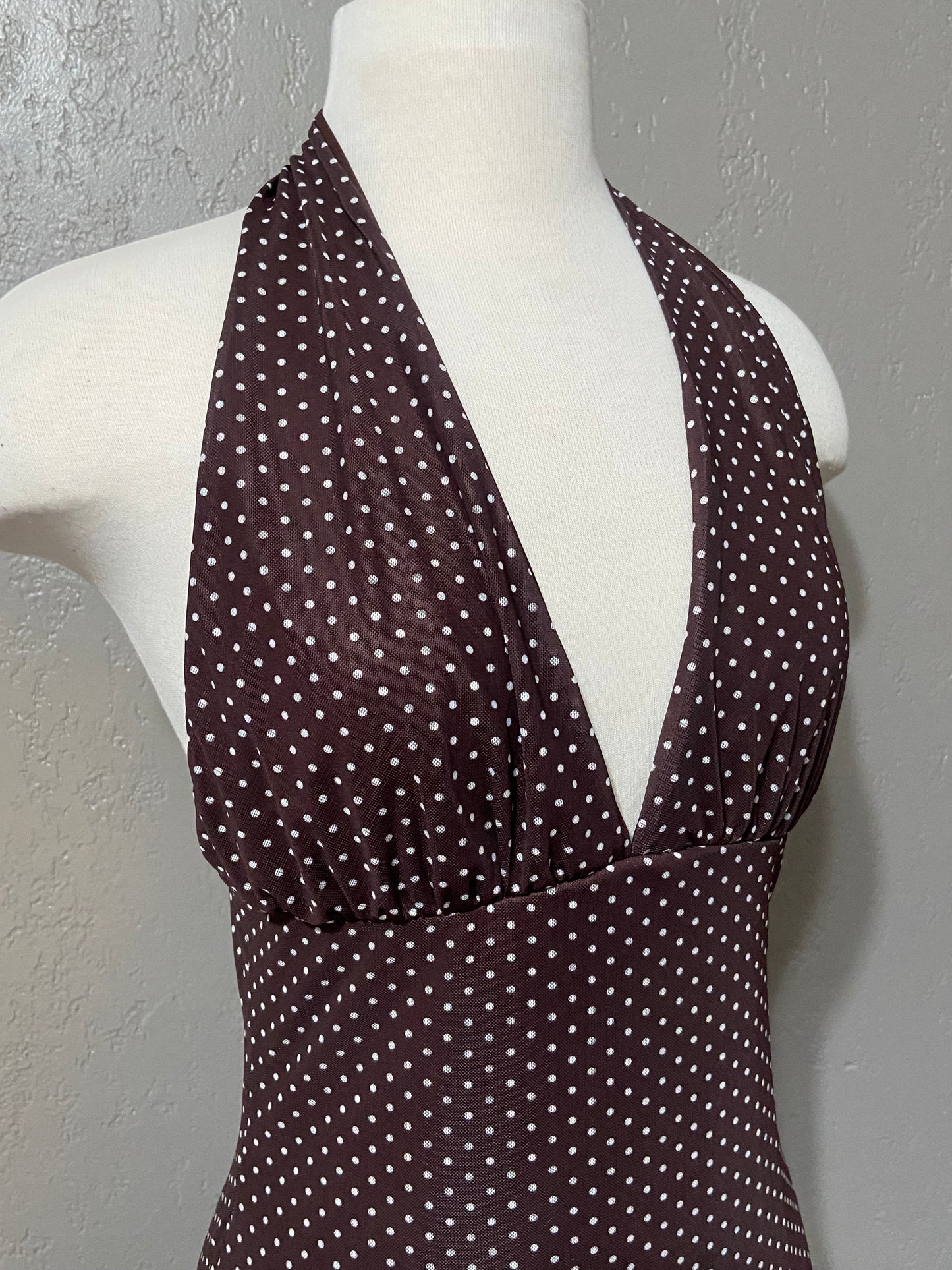 Brown Polka Dot Halter Ties Dress