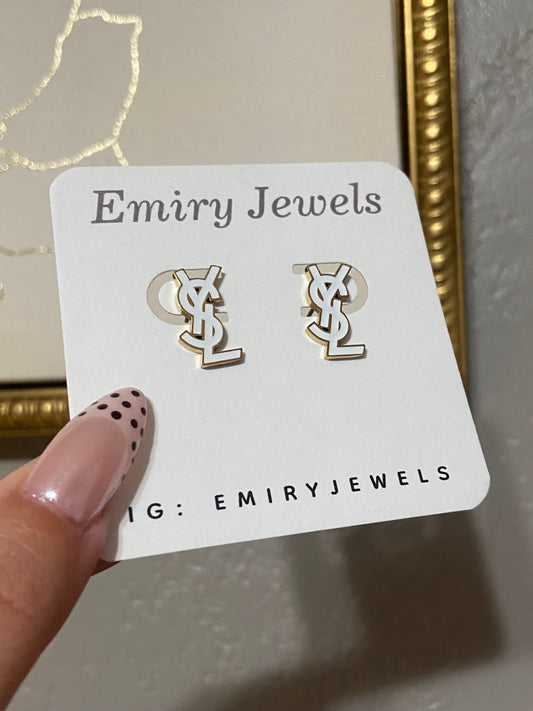 White Y S L Stainless Steel Gold Earrings