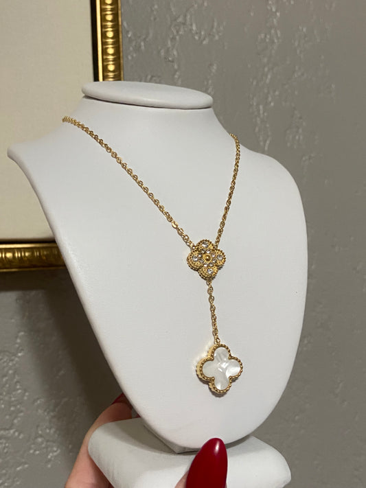 White & Gold Clovers Stainless Steel CZ Necklace