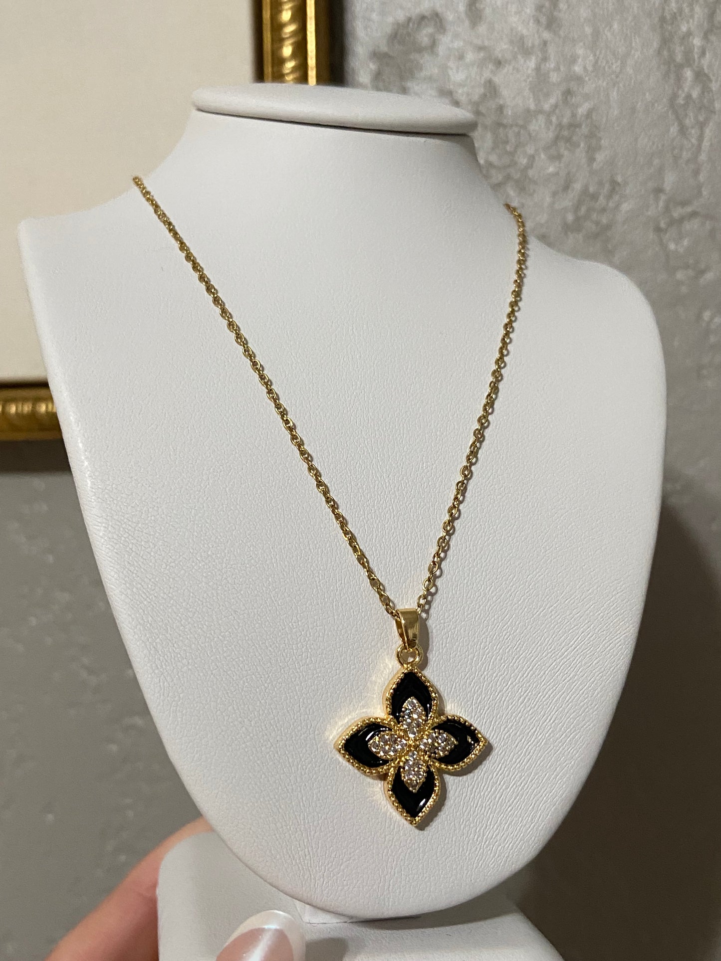 Black Flower CZ Stainless Steel Gold Necklace