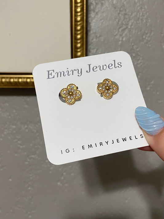 V C A Clover CZ Stainless Steel Gold Earrings