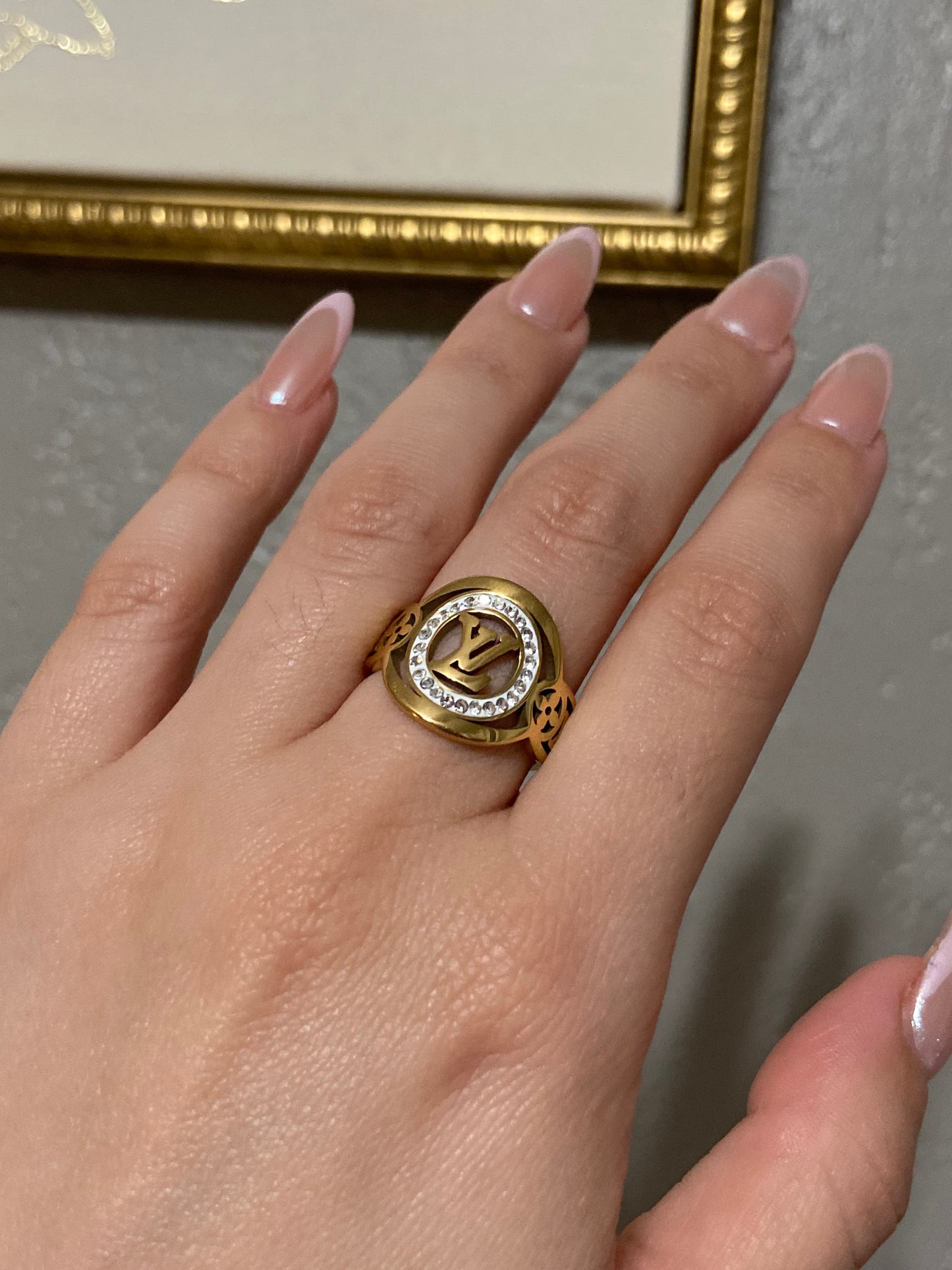 LV CZ Circle Stainless Steel Gold Ring