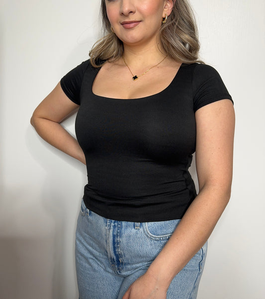 Double Layered Short Sleeve Top - Black