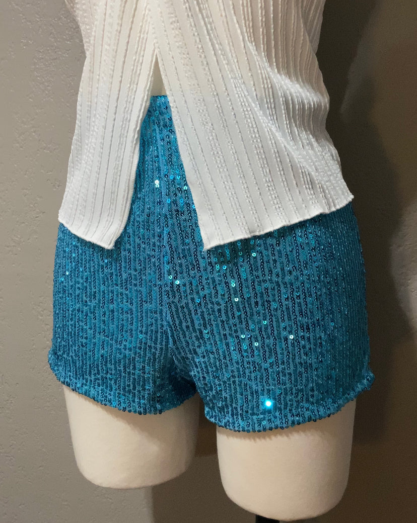 Turquoise Sequin Mini Shorts