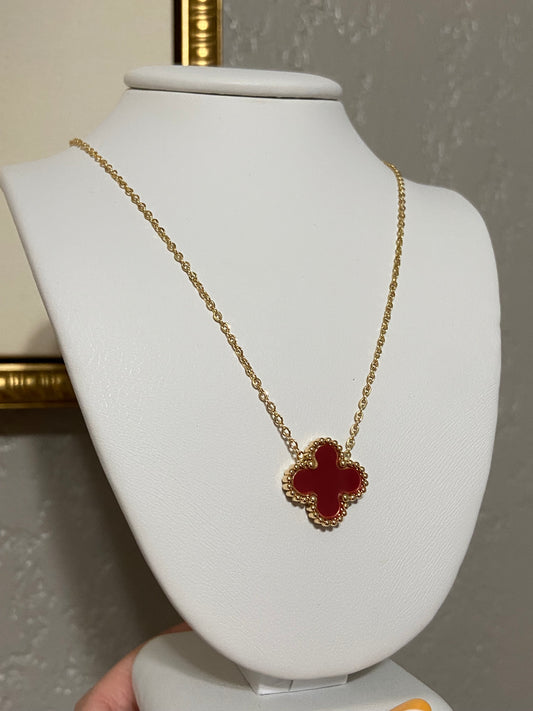 V C A Burgundy Clover Stainless Steel Gold Necklace