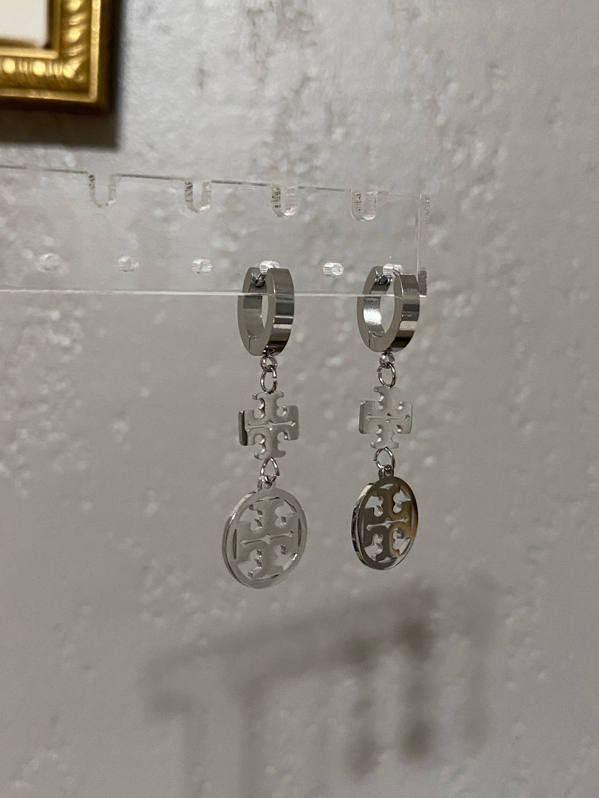 Tory B Stainless Steel Drop Silver Huggie Earrings