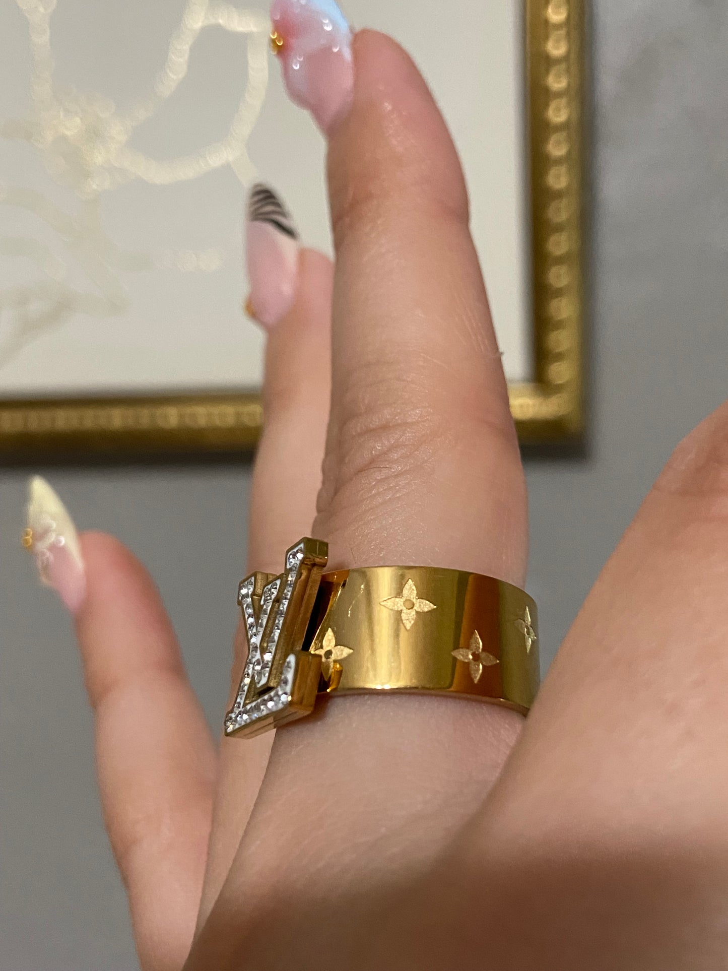 LV CZ Stainless Steel Gold Ring
