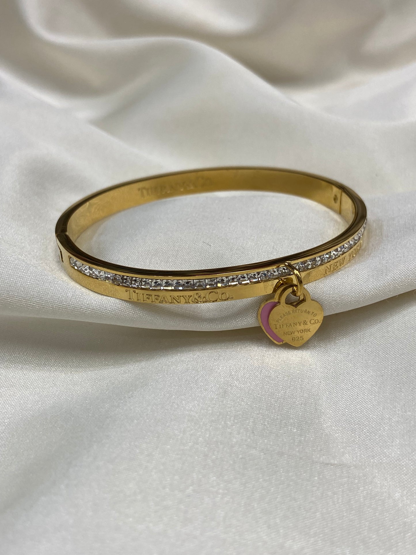 Tiff & Co Hearts Stainless Steel Gold CZ Bangle