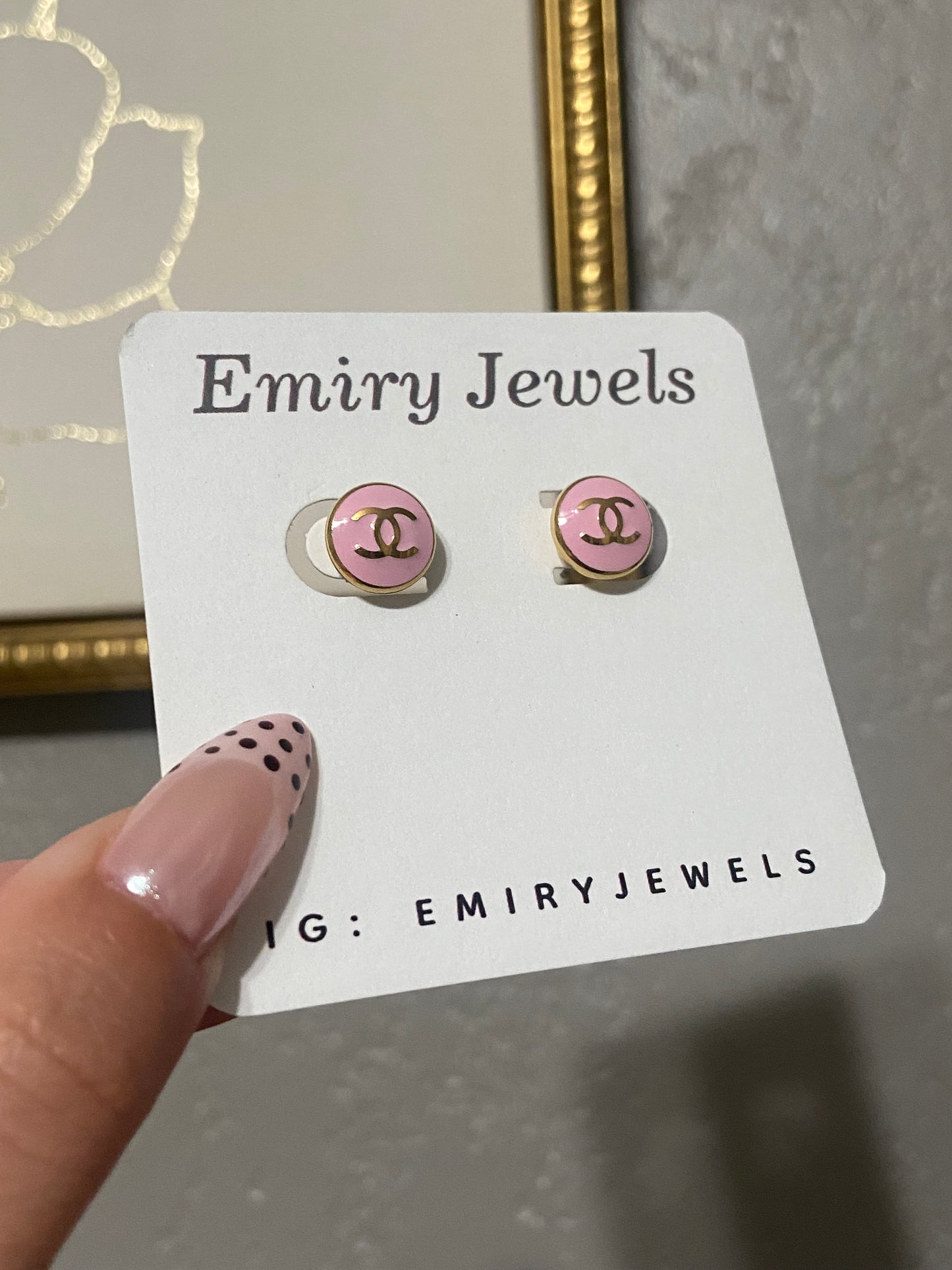 Pink CC Button Stainless Steel Gold Earrings