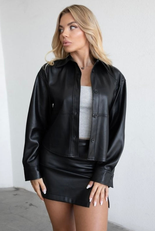 Black Faux Leather Cropped Shaket