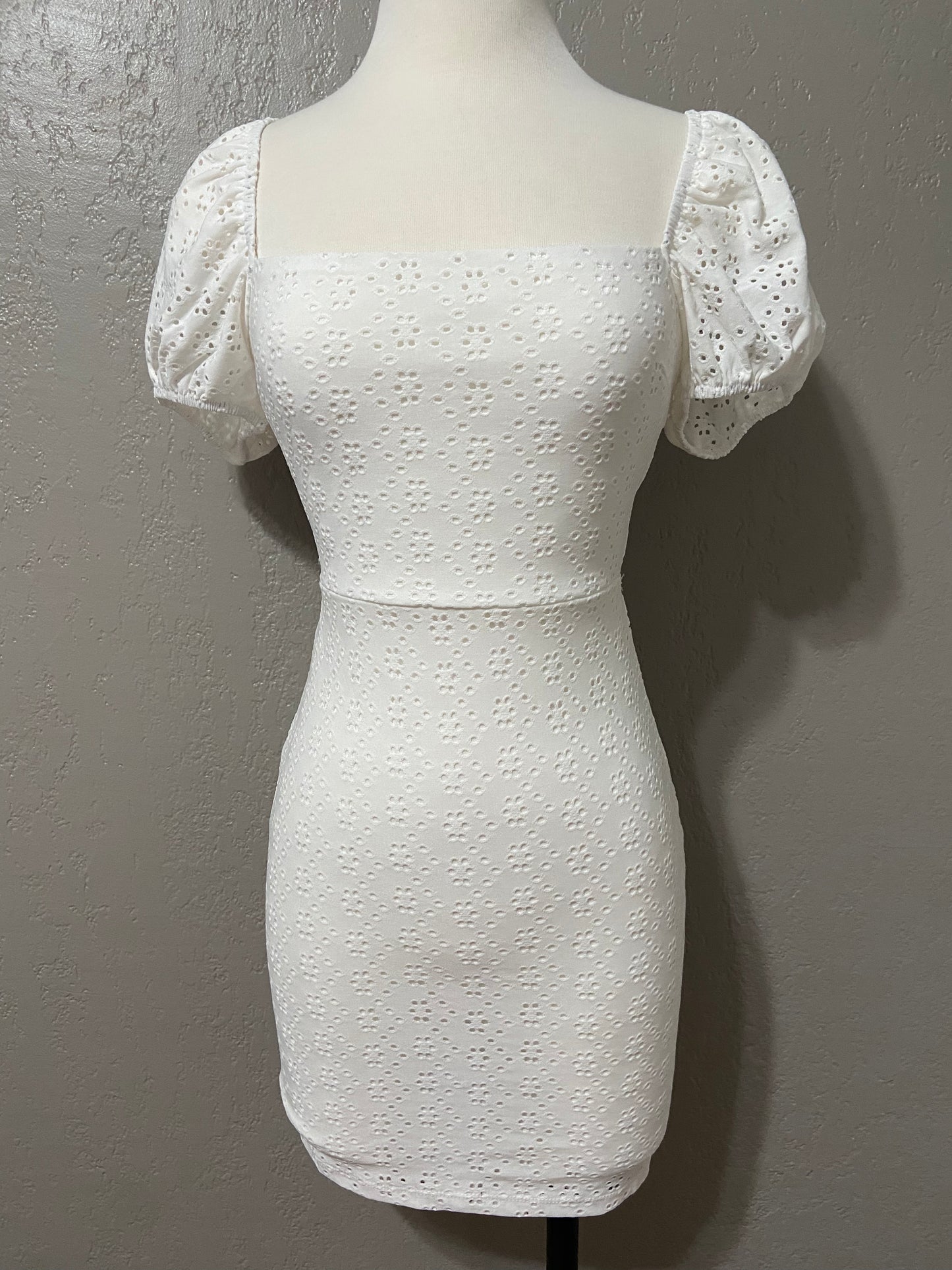 White Eyelet Puff Sleeve Bodycon Dress