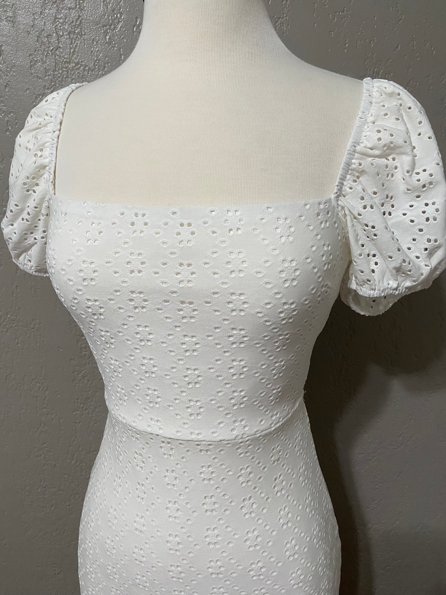 White Eyelet Puff Sleeve Bodycon Dress